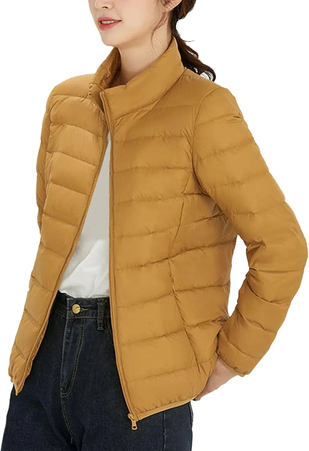 Woman Winter Coat Light Down Zipper Puffer Jacket Plus Size Long Sleeve Lightweight Coat With Pocket