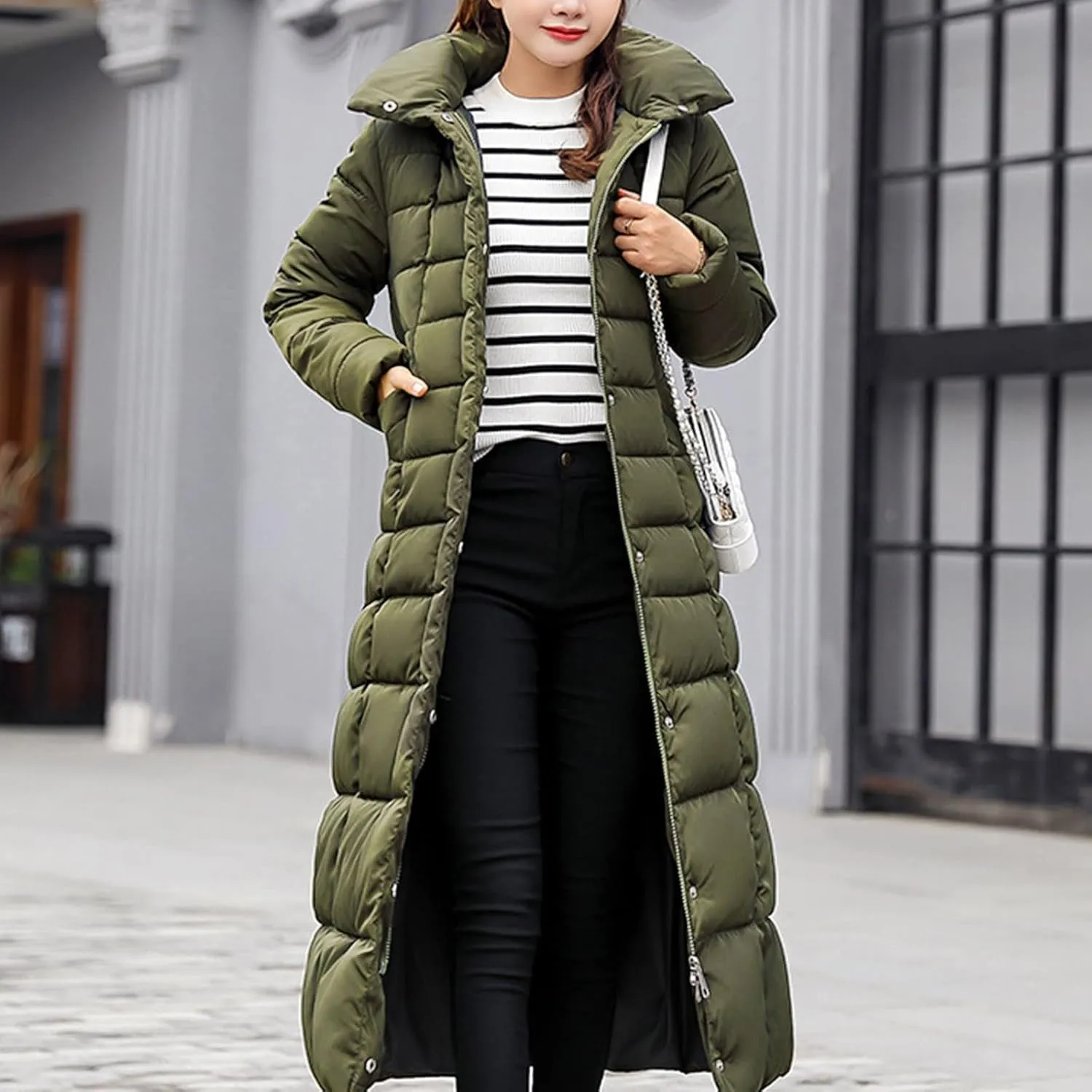 Woman Winter Coat Warm Full Zip Puffer Jacket Oversized Long Sleeve Packable Down Pullover Outwear With Pocket