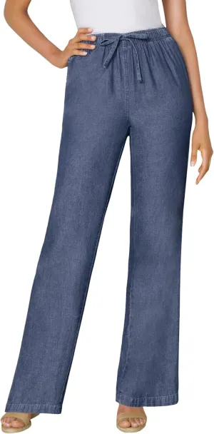 Woman Within Women's Plus Size Drawstring Denim Wide-Leg Denim Pant