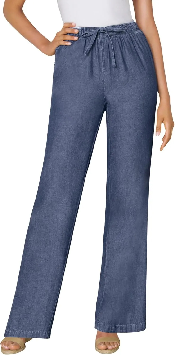 Woman Within Women's Plus Size Drawstring Denim Wide-Leg Denim Pant