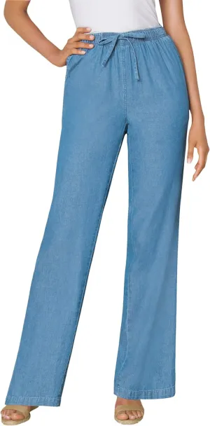 Woman Within Women's Plus Size Drawstring Denim Wide-Leg Denim Pant