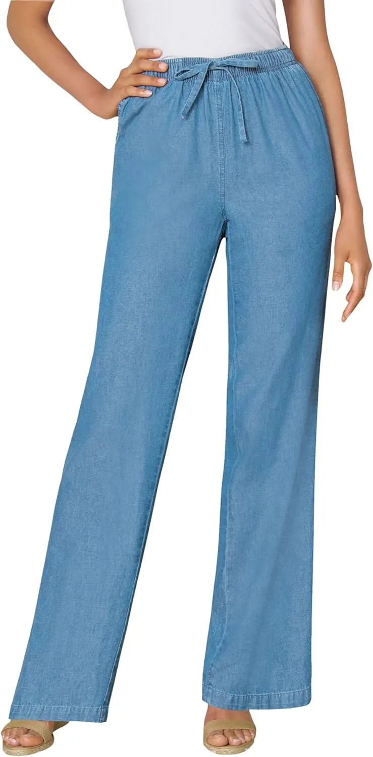 Woman Within Women's Plus Size Drawstring Denim Wide-Leg Denim Pant