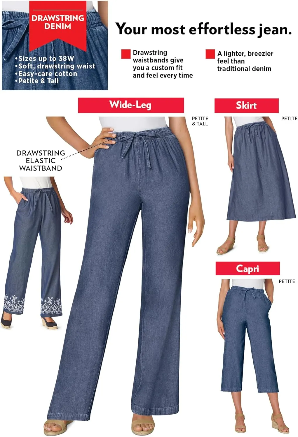 Woman Within Women's Plus Size Drawstring Denim Wide-Leg Denim Pant