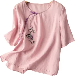 Women Blouse Casual Vintage Summer Embroidery Floral Tees Chinese Style Classic Loose Shirts O Neck Short Sleeve Top
