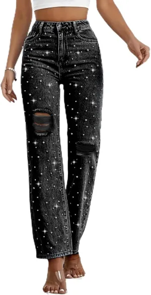 Women Casual Denim Pants Ripped Distressed Pearl Jeans Flare Straight Leg Denim Trousers