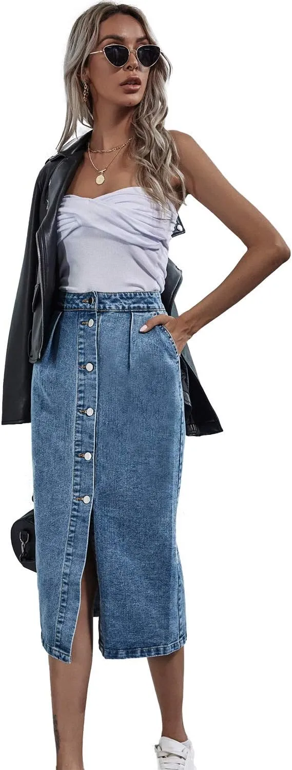 Women Denim Skirts with Pockets Button Front Denim Long Split Skirt Midi Length A Line Denim Pencil Skirt Denim Blazer top