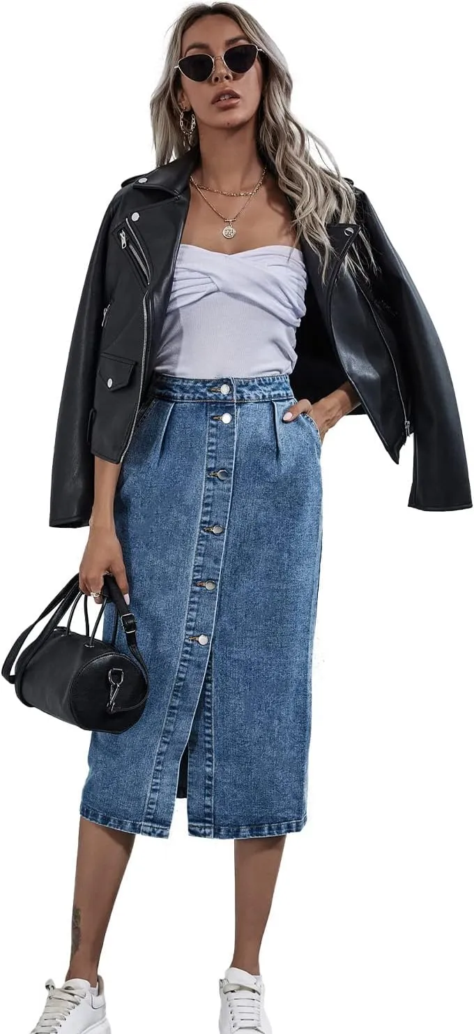 Women Denim Skirts with Pockets Button Front Denim Long Split Skirt Midi Length A Line Denim Pencil Skirt Denim Blazer top