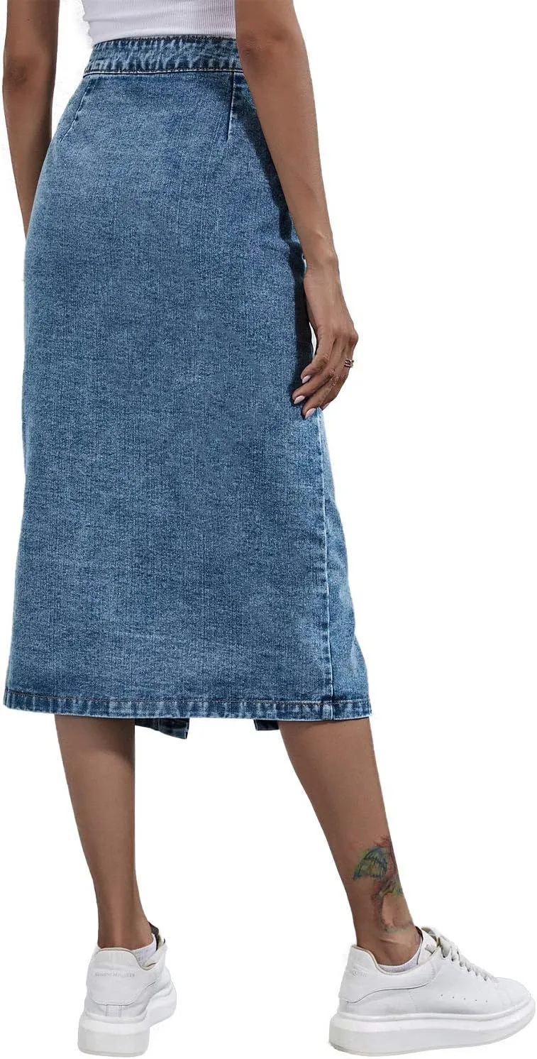 Women Denim Skirts with Pockets Button Front Denim Long Split Skirt Midi Length A Line Denim Pencil Skirt Denim Blazer top