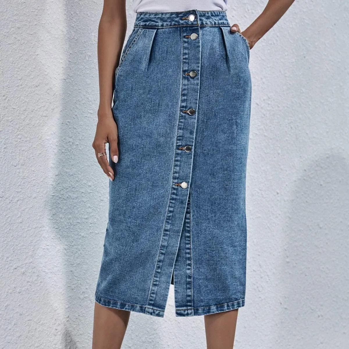 Women Denim Skirts with Pockets Button Front Denim Long Split Skirt Midi Length A Line Denim Pencil Skirt Denim Blazer top