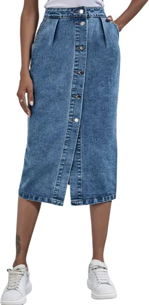 Women Denim Skirts with Pockets Button Front Denim Long Split Skirt Midi Length A Line Denim Pencil Skirt Denim Blazer top