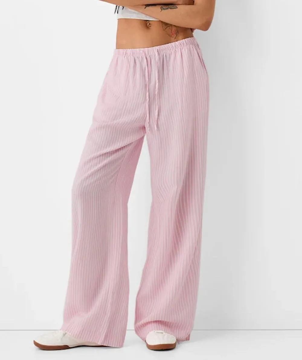 Women Drawstring Striped Pants High Waist Wide Leg Lounge Pants Casual Relaxed Fit Pajama Bottoms Y2k Streetwear