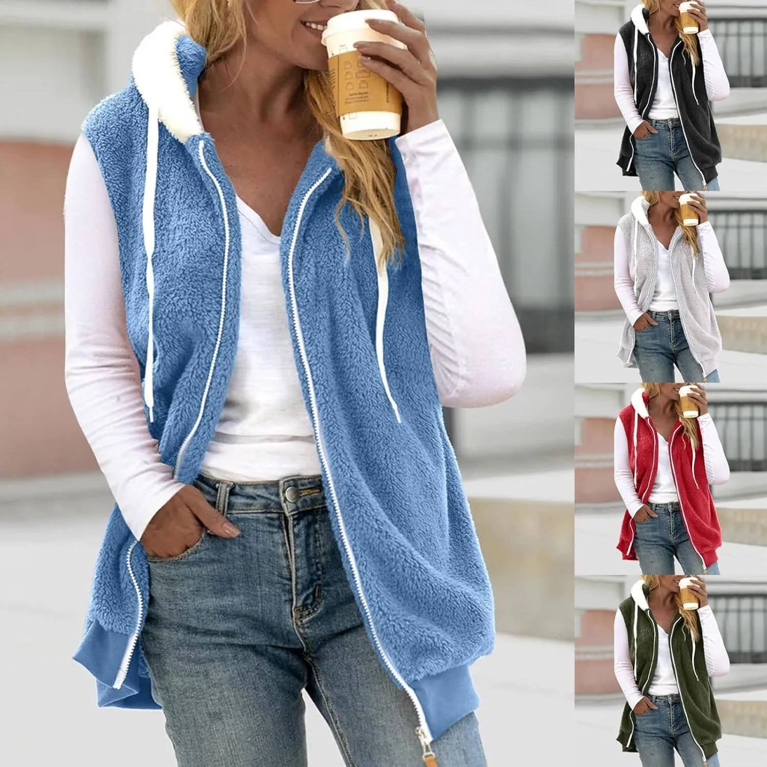 Women Fuzzy Fleece Vest Sleeveless Fleece Sherpa Jacket Flannel Plaid Jacket Plus Size Hooded Coat Faux Fur Zip Jacket