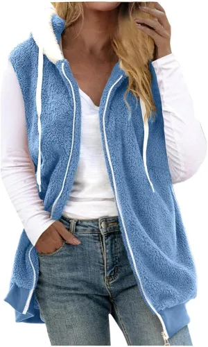 Women Fuzzy Fleece Vest Sleeveless Fleece Sherpa Jacket Flannel Plaid Jacket Plus Size Hooded Coat Faux Fur Zip Jacket