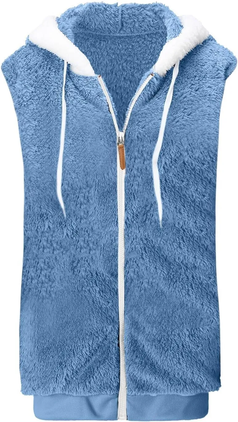 Women Fuzzy Fleece Vest Sleeveless Fleece Sherpa Jacket Flannel Plaid Jacket Plus Size Hooded Coat Faux Fur Zip Jacket