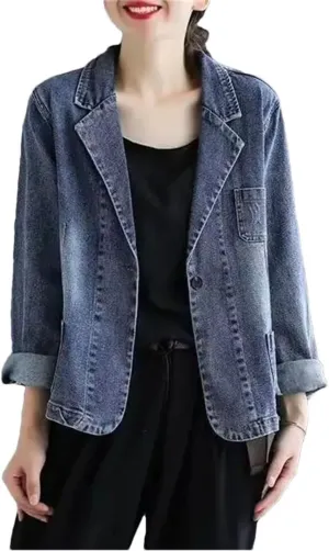 Women Jeans Blazer Coat Retro Denim Jacket Loose Coats Denim Tops