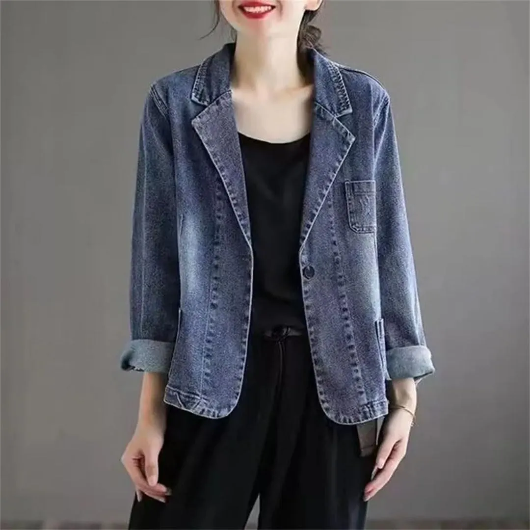 Women Jeans Blazer Coat Retro Denim Jacket Loose Coats Denim Tops