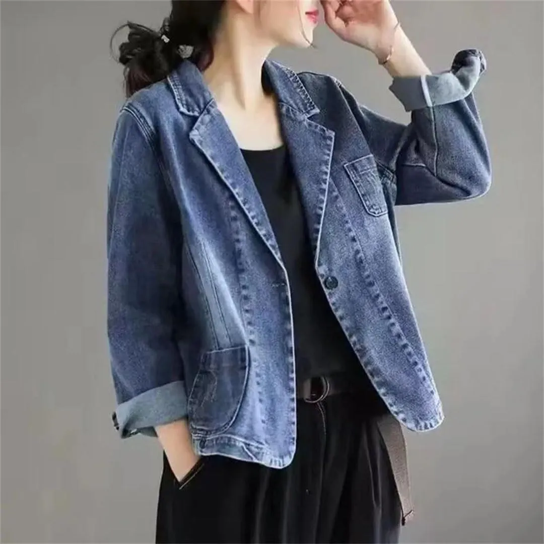 Women Jeans Blazer Coat Retro Denim Jacket Loose Coats Denim Tops