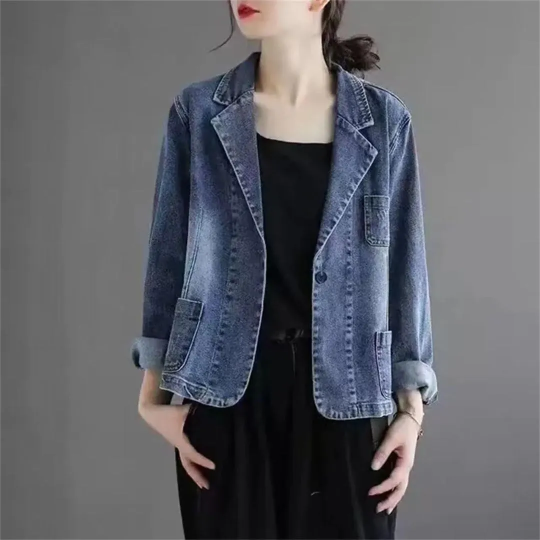 Women Jeans Blazer Coat Retro Denim Jacket Loose Coats Denim Tops