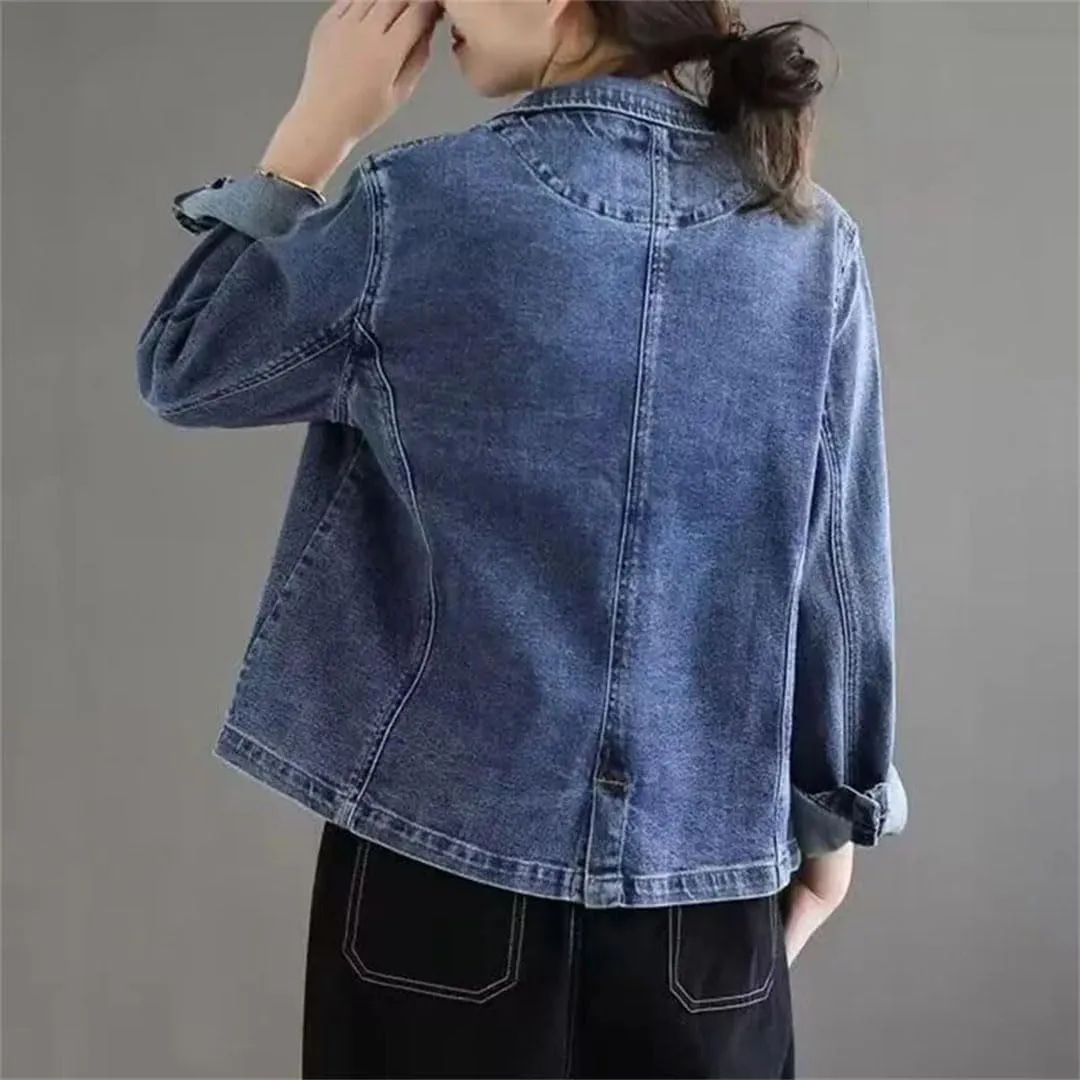 Women Jeans Blazer Coat Retro Denim Jacket Loose Coats Denim Tops