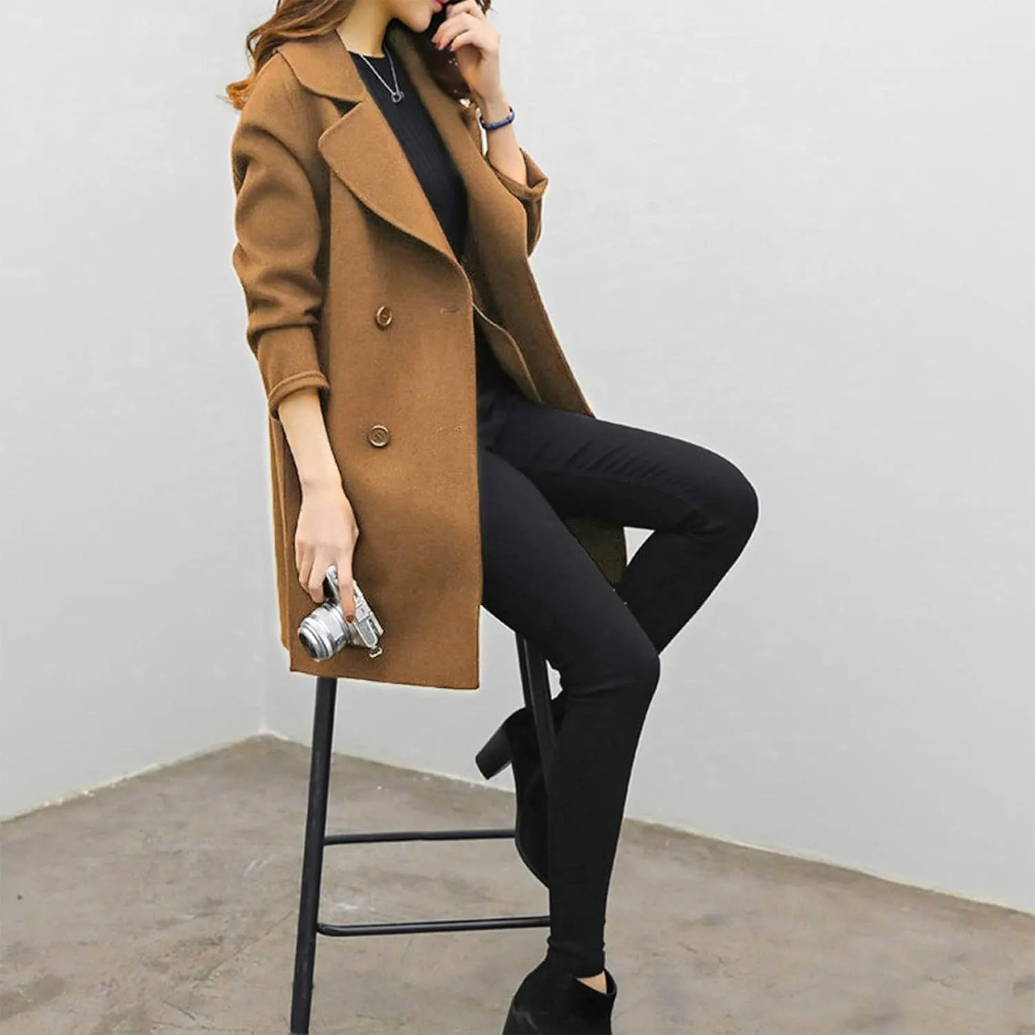 Women Lapel Double Breasted Long Trench Coat Lapel Collar Cardigan Outerwear Charming Fashion Warm Thick Peacoat Jacket