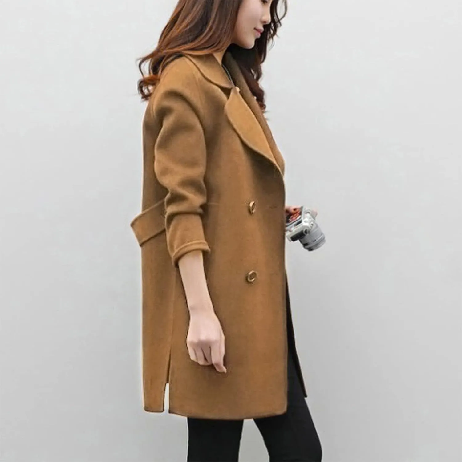 Women Lapel Double Breasted Long Trench Coat Lapel Collar Cardigan Outerwear Charming Fashion Warm Thick Peacoat Jacket