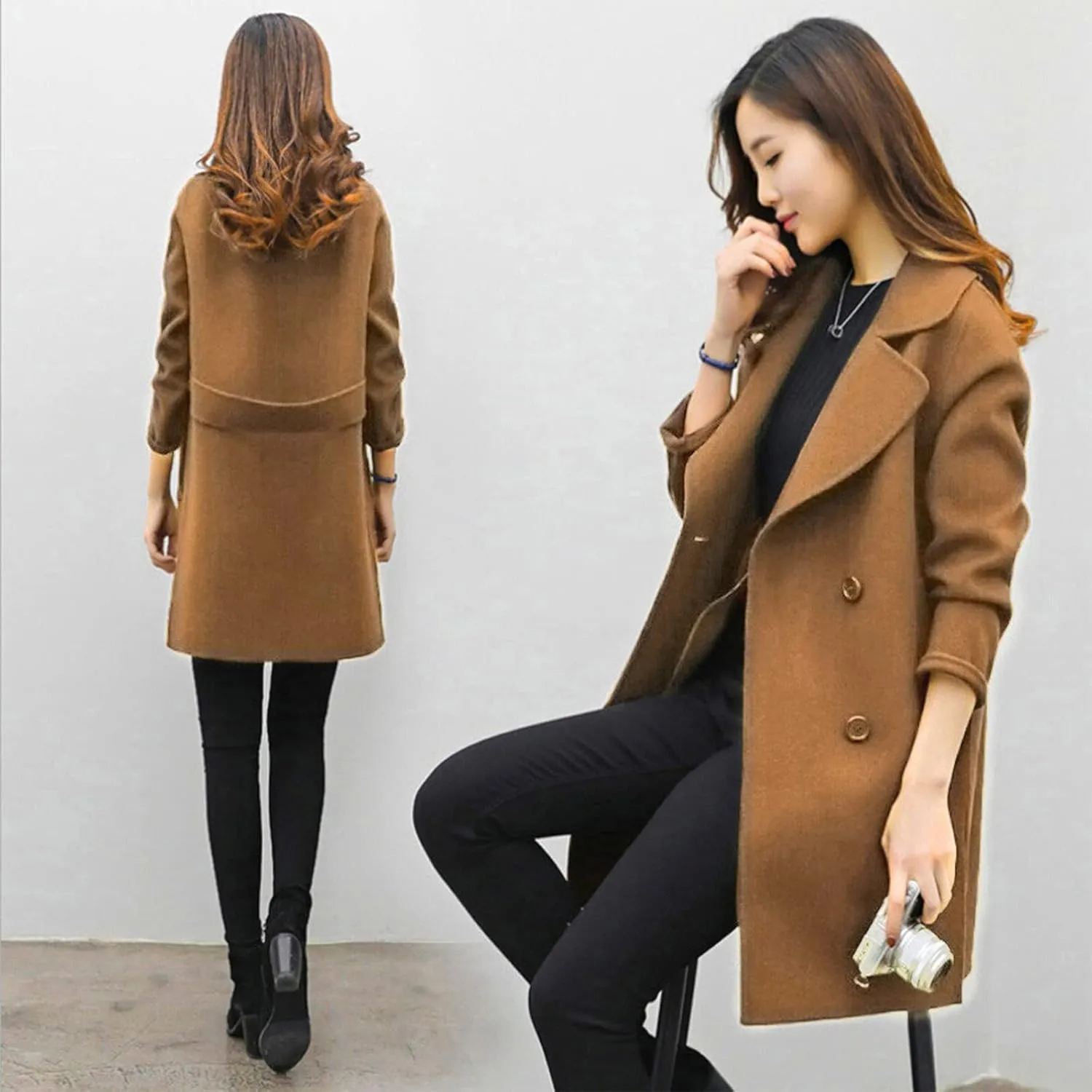 Women Lapel Double Breasted Long Trench Coat Lapel Collar Cardigan Outerwear Charming Fashion Warm Thick Peacoat Jacket