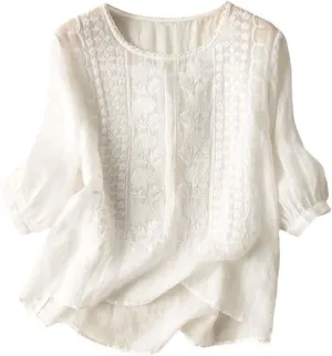 Women Linen Shirts Summer Cotton Linen Buttons Long Sleeve T-Shirt Casual Loose Fit Henley Crew Neck Tee Top
