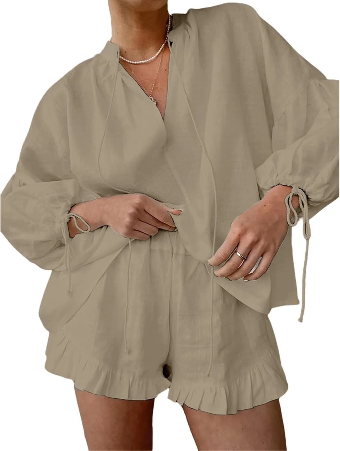 Women Linen Shorts Sets 2 Piece Outfits Long Sleeve Tie Front Tops and Ruffled Boxer Shorts Tracksuit Matching Sets