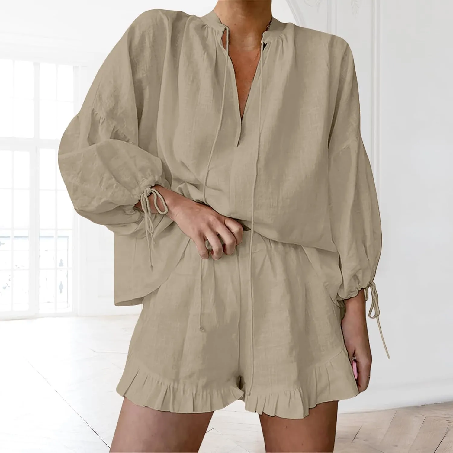 Women Linen Shorts Sets 2 Piece Outfits Long Sleeve Tie Front Tops and Ruffled Boxer Shorts Tracksuit Matching Sets