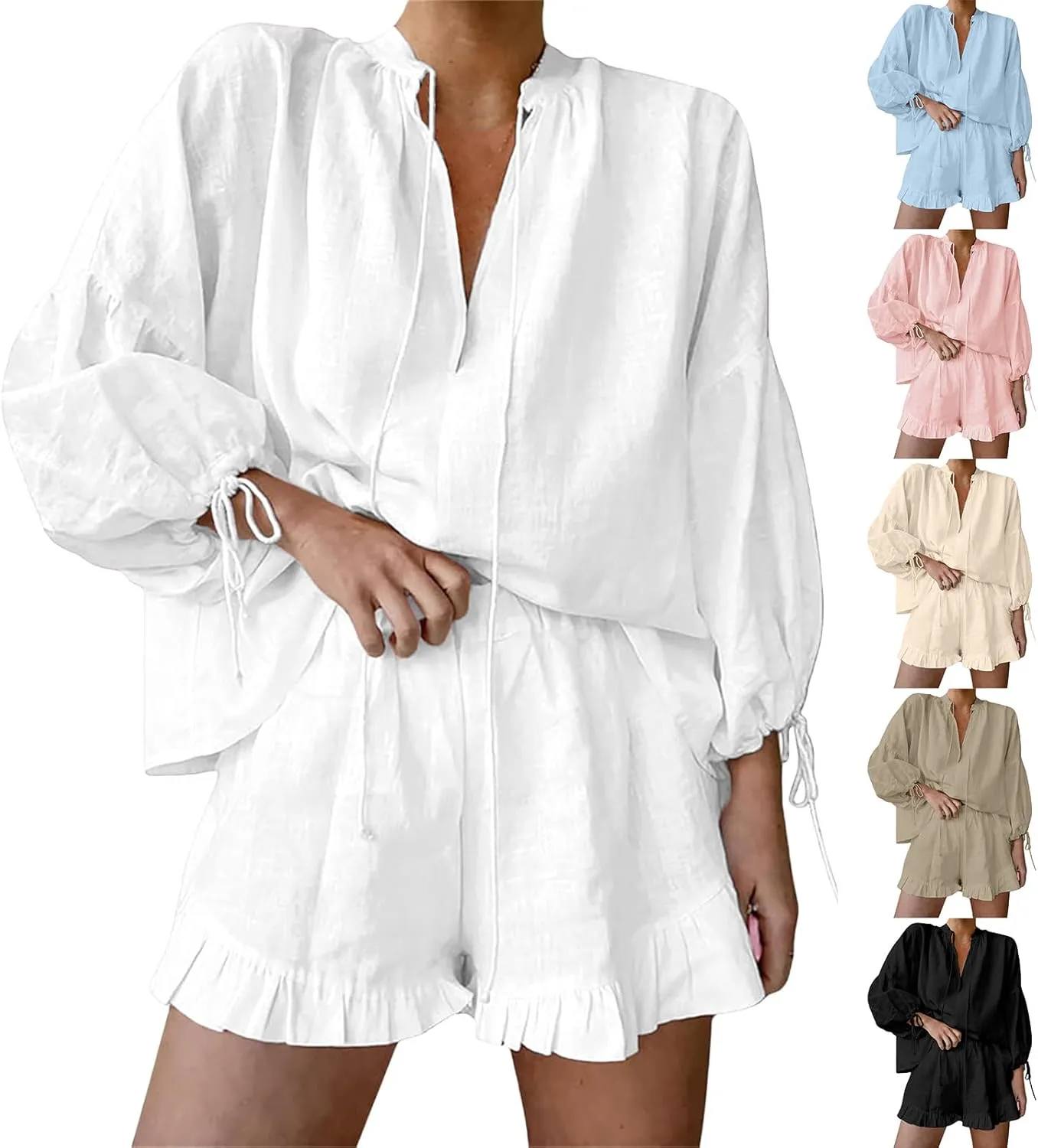Women Linen Shorts Sets 2 Piece Outfits Long Sleeve Tie Front Tops and Ruffled Boxer Shorts Tracksuit Matching Sets