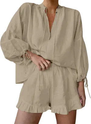 Women Linen Shorts Sets 2 Piece Outfits Long Sleeve Tie Front Tops and Ruffled Boxer Shorts Tracksuit Matching Sets