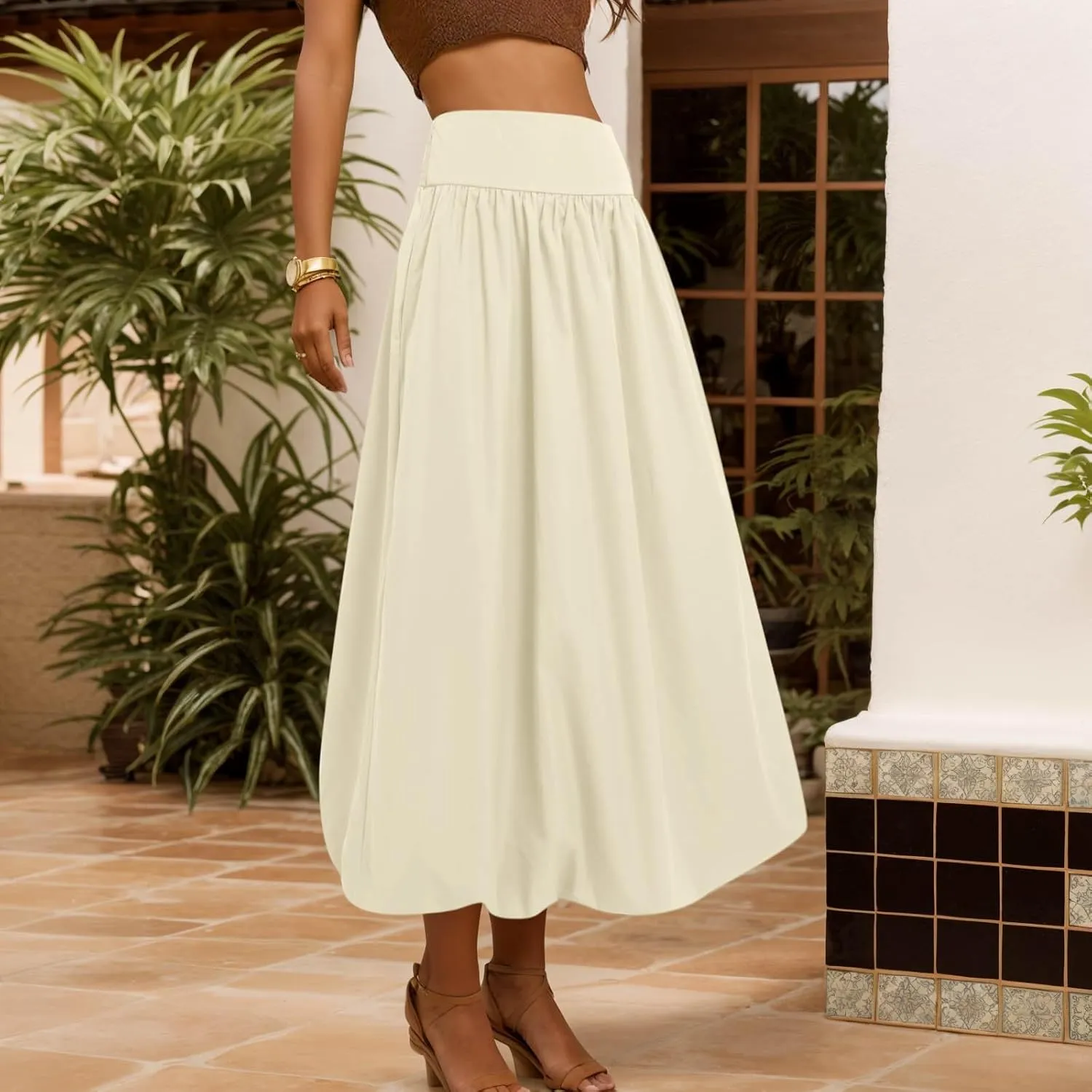 Women Maxi Bubble Skirt Elastic Waist Aline Long Puff Skirt Ruffle Hem Balloon Skirts Swim Skirt