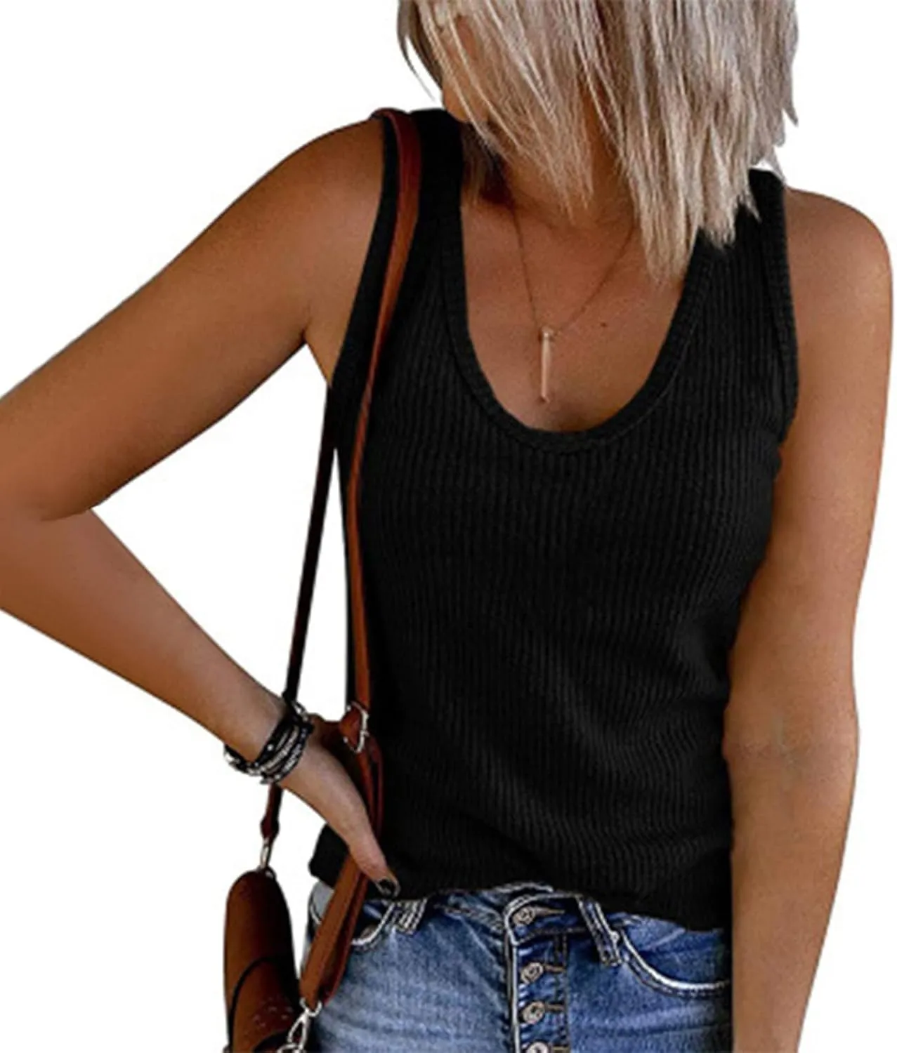 Women Ribbed Summer Tank Tops U-Neck Sleeveless Fitted Basic Cami Tee Shirts Ladies Travel Vacation Outfits