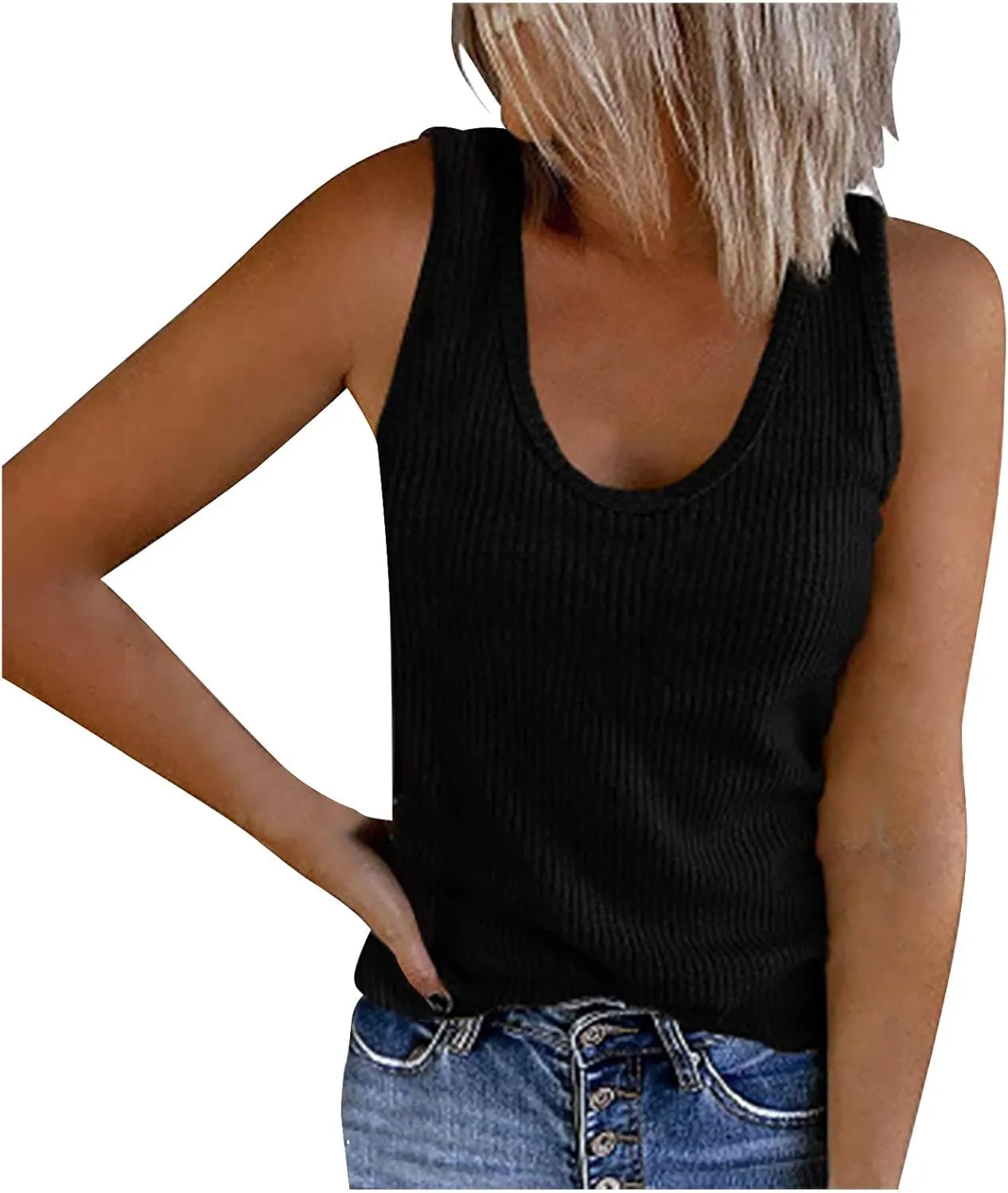 Women Ribbed Summer Tank Tops U-Neck Sleeveless Fitted Basic Cami Tee Shirts Ladies Travel Vacation Outfits