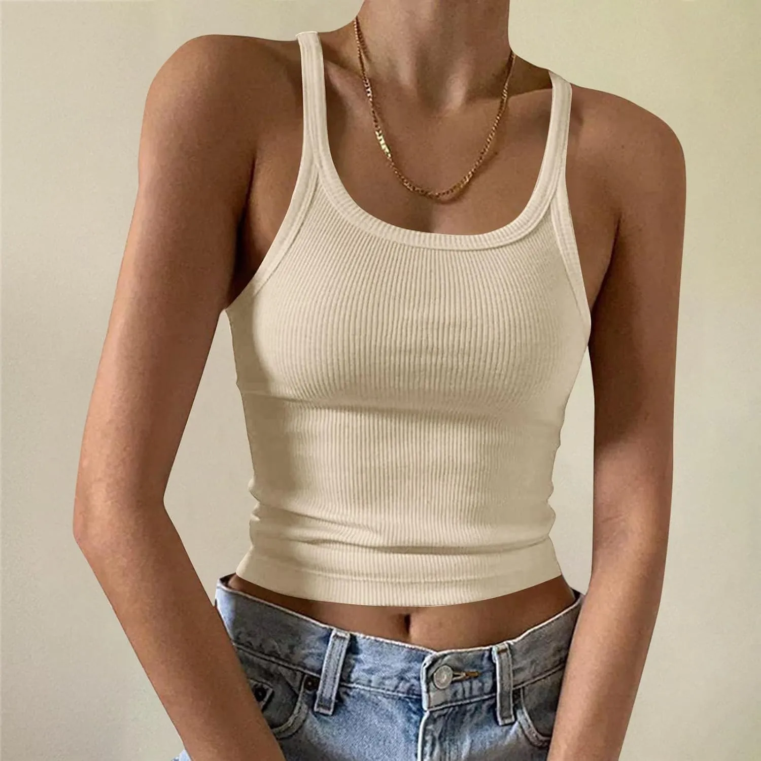 Women Sexy Spaghetti Strap Ribbed Knit Tank Tops Scoop Neck Slim Fitted Camisole Basic Sleeveless Layering Shirts