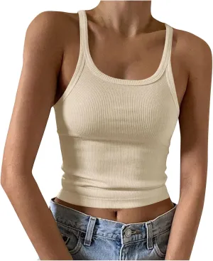 Women Sexy Spaghetti Strap Ribbed Knit Tank Tops Scoop Neck Slim Fitted Camisole Basic Sleeveless Layering Shirts
