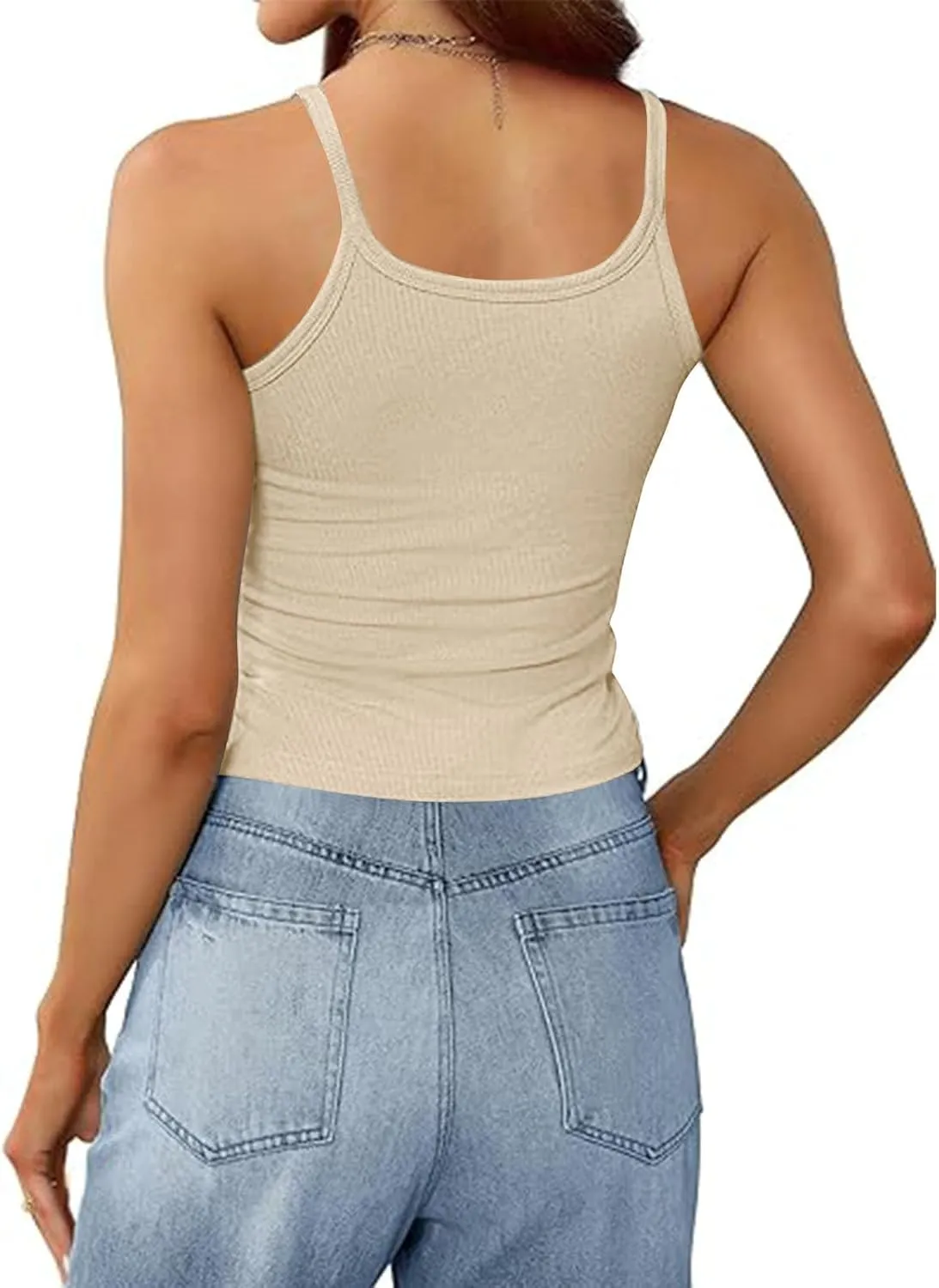 Women Sexy Spaghetti Strap Ribbed Knit Tank Tops Scoop Neck Slim Fitted Camisole Basic Sleeveless Layering Shirts
