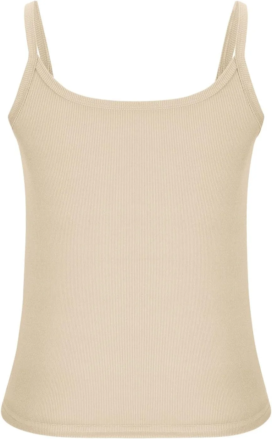Women Sexy Spaghetti Strap Ribbed Knit Tank Tops Scoop Neck Slim Fitted Camisole Basic Sleeveless Layering Shirts