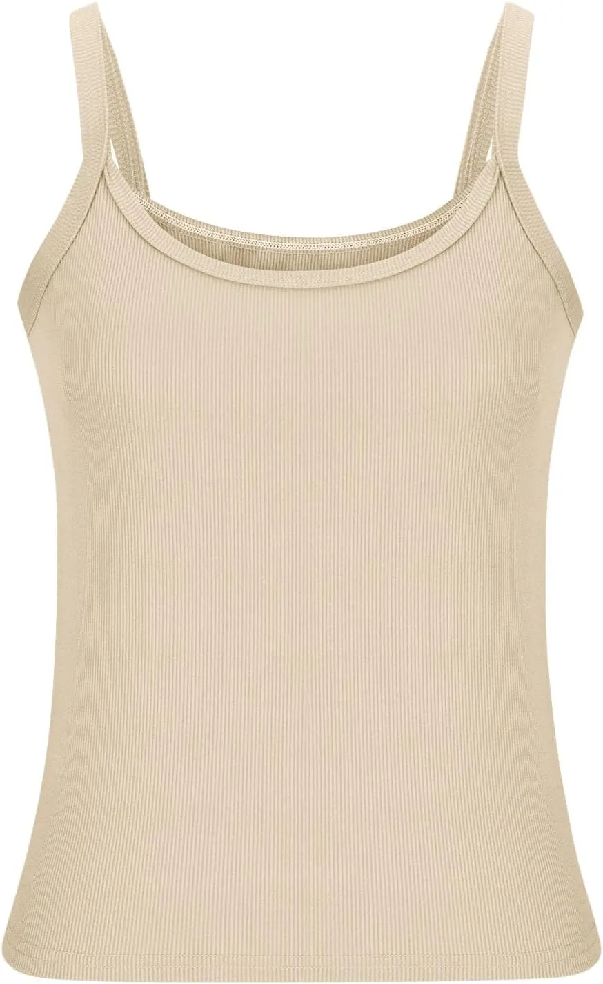 Women Sexy Spaghetti Strap Ribbed Knit Tank Tops Scoop Neck Slim Fitted Camisole Basic Sleeveless Layering Shirts