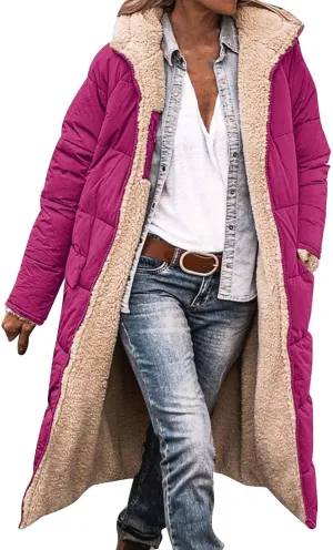 Women Sherpa Fleece Lined Long Jacket Plus Size Warm Shearling Reversible Winter Hooded Coat Distressed Padded Parka