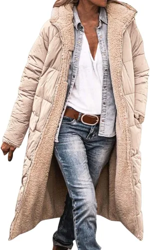 Women Sherpa Fleece Lined Long Jacket Plus Size Warm Shearling Reversible Winter Hooded Coat Distressed Padded Parka