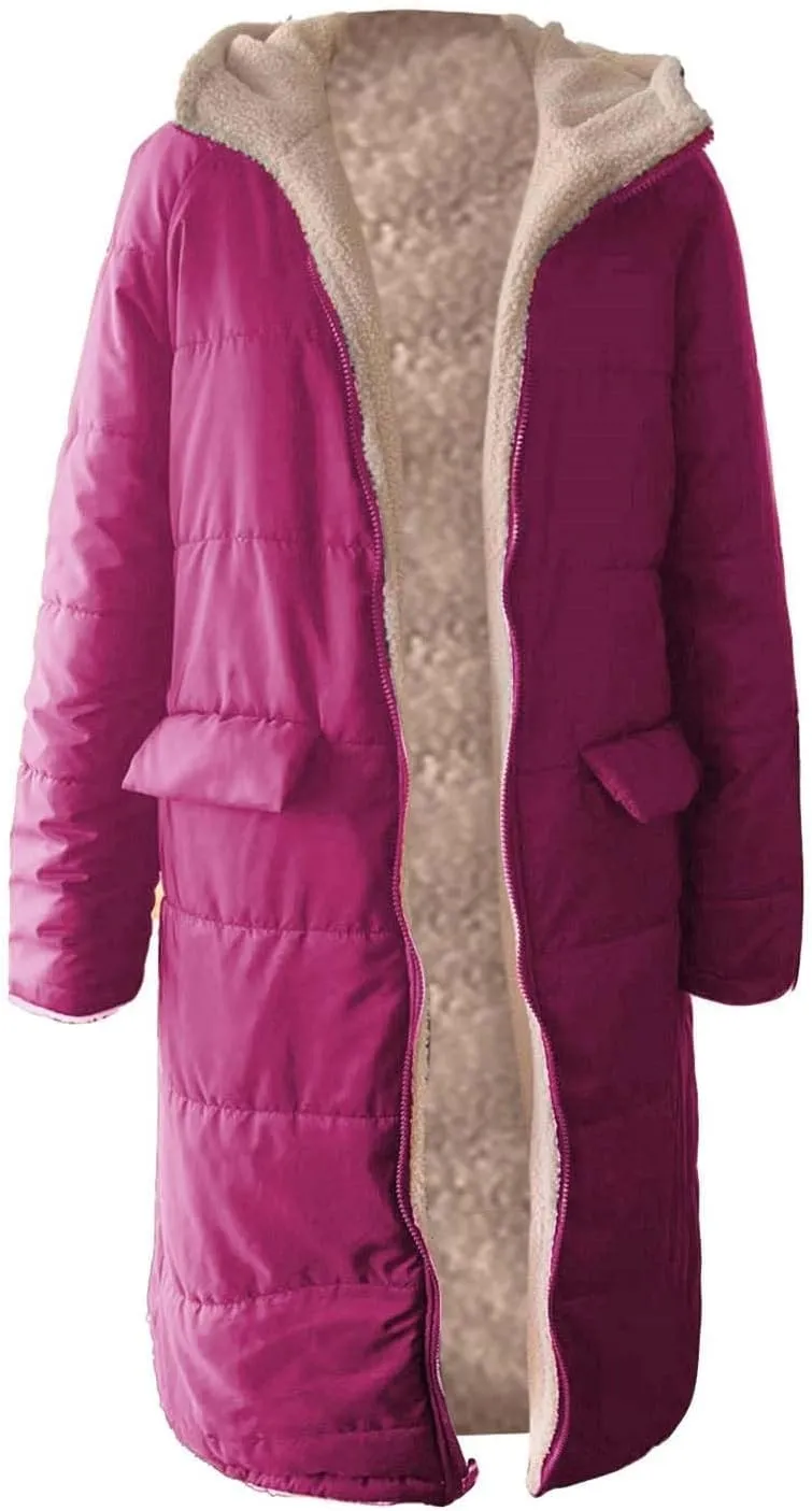 Women Sherpa Fleece Lined Long Jacket Plus Size Warm Shearling Reversible Winter Hooded Coat Distressed Padded Parka