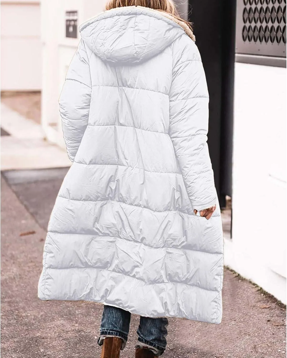 Women Sherpa Fleece Lined Long Jacket Plus Size Warm Shearling Reversible Winter Hooded Coat Distressed Padded Parka