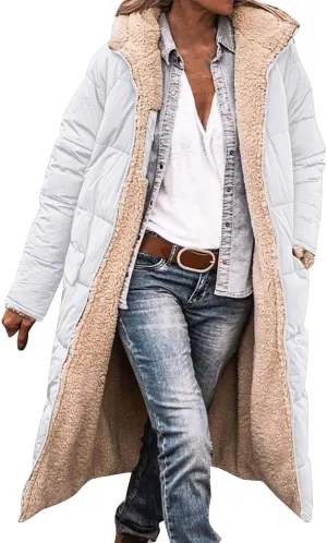 Women Sherpa Fleece Lined Long Jacket Plus Size Warm Shearling Reversible Winter Hooded Coat Distressed Padded Parka