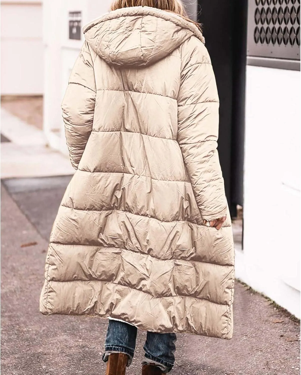 Women Sherpa Fleece Lined Long Jacket Plus Size Warm Shearling Reversible Winter Hooded Coat Distressed Padded Parka