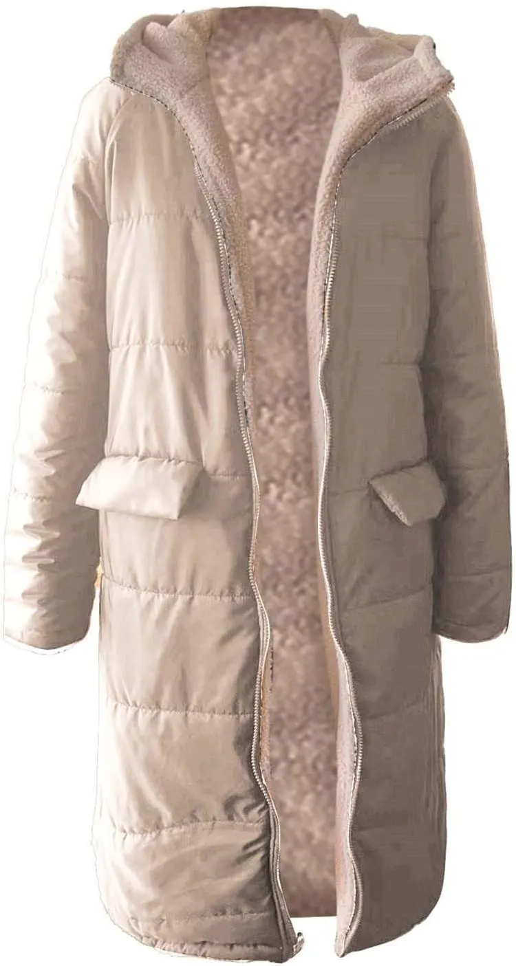 Women Sherpa Fleece Lined Long Jacket Plus Size Warm Shearling Reversible Winter Hooded Coat Distressed Padded Parka