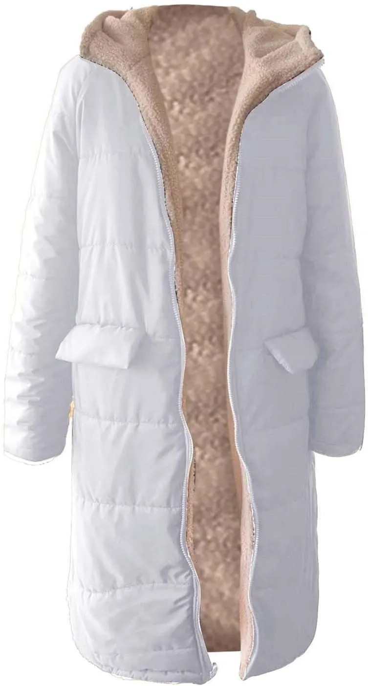 Women Sherpa Fleece Lined Long Jacket Plus Size Warm Shearling Reversible Winter Hooded Coat Distressed Padded Parka