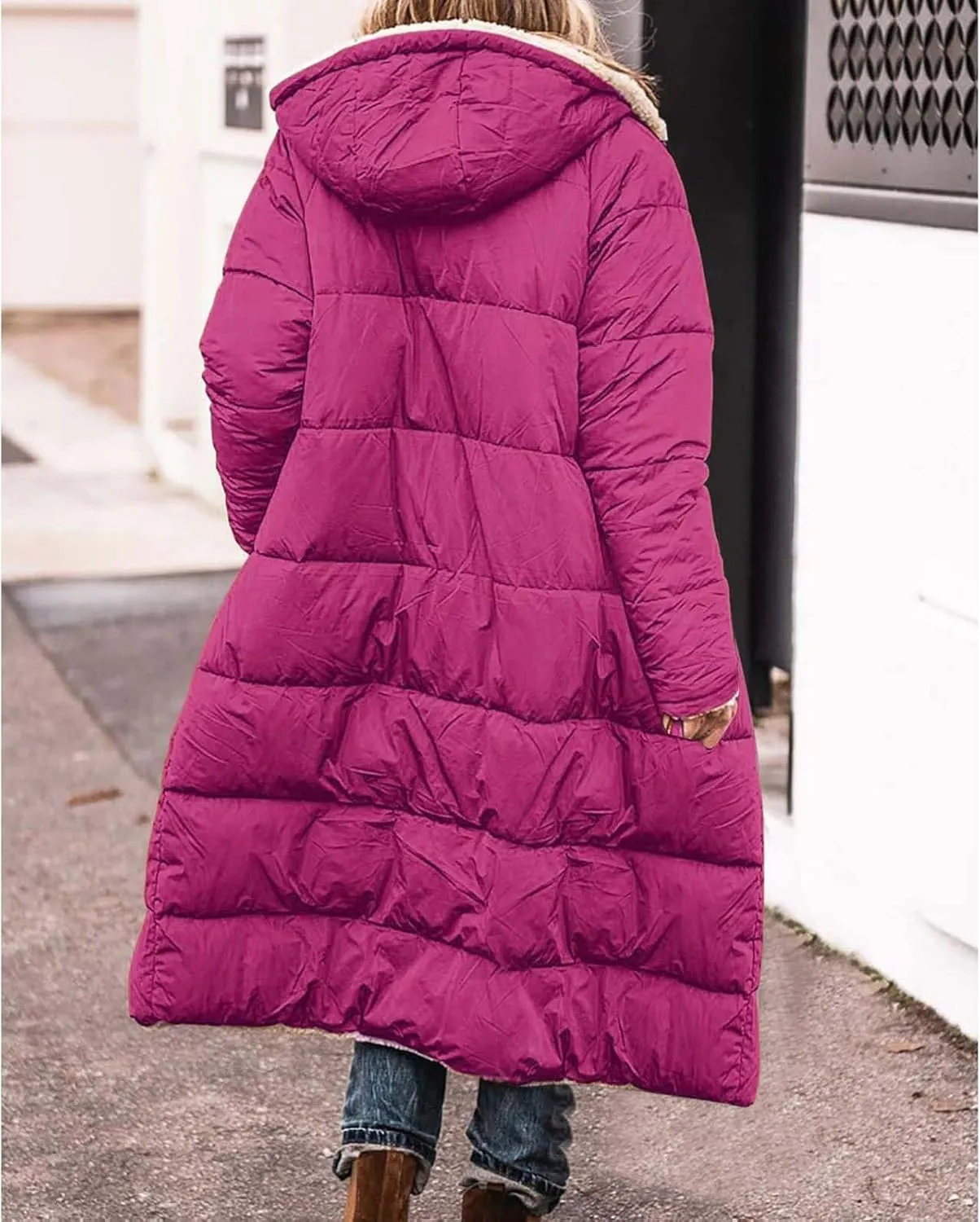 Women Sherpa Fleece Lined Long Jacket Plus Size Warm Shearling Reversible Winter Hooded Coat Distressed Padded Parka