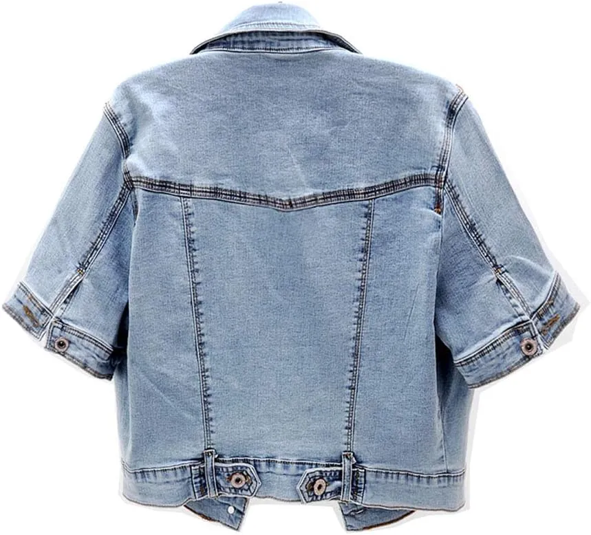 Women Short Sleeve Denim Jacket Button Down Shawl Stretch Denim Jean Jacket