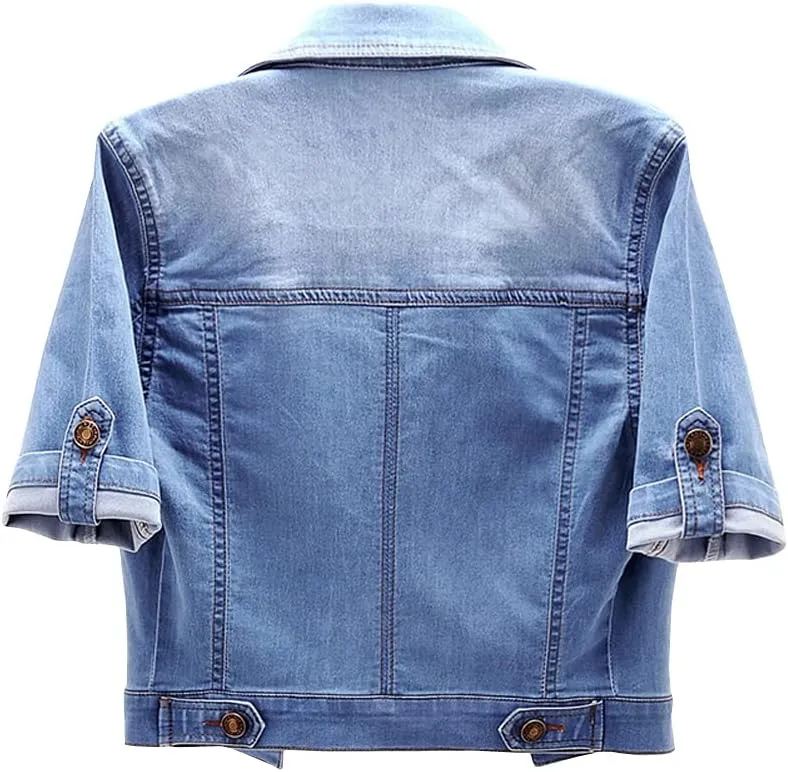 Women Short Sleeve Denim Jacket Button Down Shawl Stretch Denim Jean Jacket